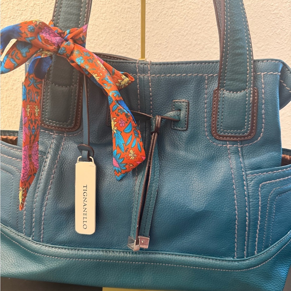 Tignanello Teal Leather Shoulder Bag with Scarf Accent - Picture 2 of 3